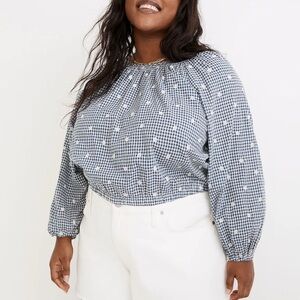 Madewell Button Back Blouse Shirt Top 2X Gingham Check Embroidered Long Sleeves